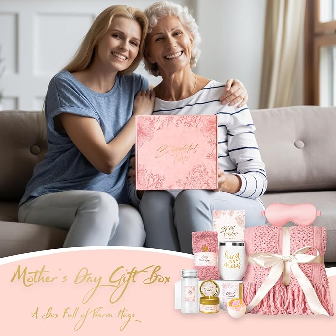 Gift Basket for Women, Self Care Set with Knitted Throw - Care Pkg - Pink | for Women Mom Her Friend Sister Wife Grandma Fringe Blanket, Spa Bath Bombs Candle Soap Sea Salt, Birthday Get Well