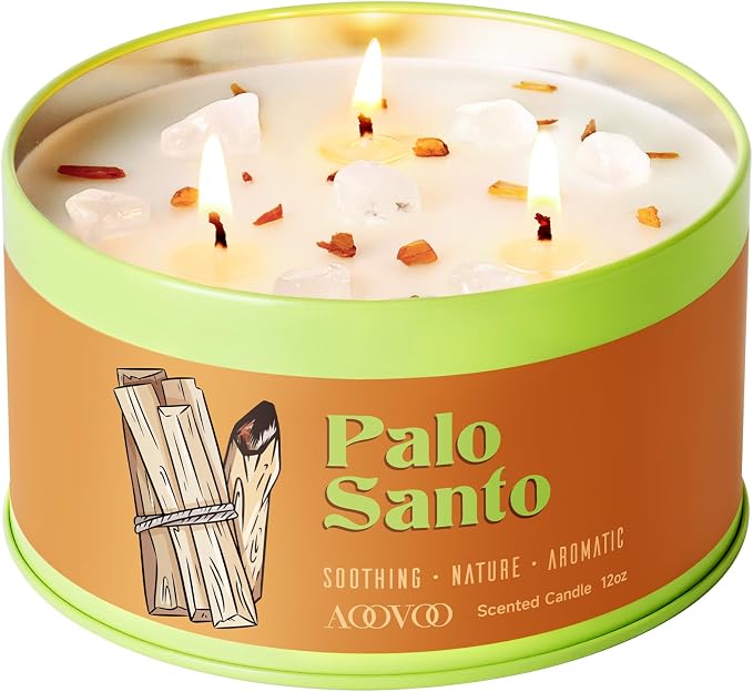 AOOVOO Palo Santo Candle for Meditation & Cleansing - 3 Wick 12oz Scented Candle with White Crystals & Palo Santo Inside, Non-Toxic Soy Candle for Spiritual Healing, Aromatherapy Gift for Women & Men