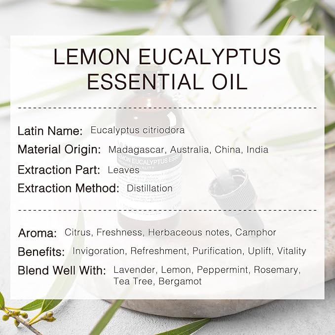 Lemon Eucalyptus Essential Oil 100ML, 100% Pure Lemon Eucalyptus Oil Aromatherapy Oil for Diffuser, Skin Care, Massage, Yoga, Home, Soap and Candle Making