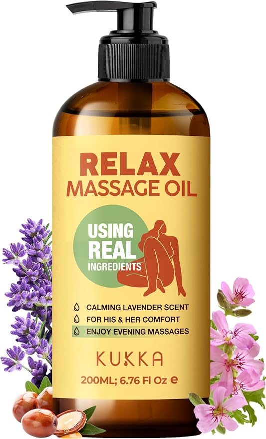 KUKKA Relax Massage Oil - 6.76 fl oz - Lavender Massage Oil for Spa-Like Massages and Deep Body Comfort - Thoughtfully Curated Formula Using Real Ingredients and Botanicals
