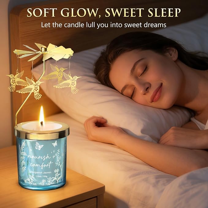 Mothers Day Gifts for Women Mom Friend Sister, Unique Birthday Gifts for Women Girlfriend Wife Daughter, Christmas Candles Hummingbird Rotating Scented Candles Set for Woman w/Crochet Flower Bouquet