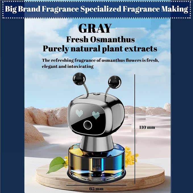 Robot Intelligent Aromatherapy Machine, Smart Cute Robot Car Air Freshener - Fine Spray/Fillable/Four-Gear Adjustment/Vibration Sensing/On-Off/Large Capacity Long-Lasting Fragrance/Gray-V2(Osmanthus)