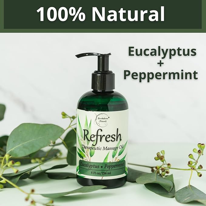 Refresh Massage Oil for Massage Therapy with Eucalyptus & Peppermint Essential Oils - All Natural - Ideal for Full Body Relaxation – Nut Free Formula 8oz