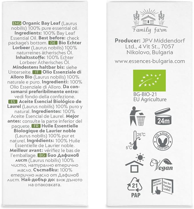 Essences Bulgaria Organic Bay Leaf Essential Oil 1/3 Fl Oz | 10ml | Laurus nobilis | 100% Pure and Natural | Undiluted | Therapeutic Grade | Family Owned Farm | Steam-Distilled | Non-GMO | Vegan