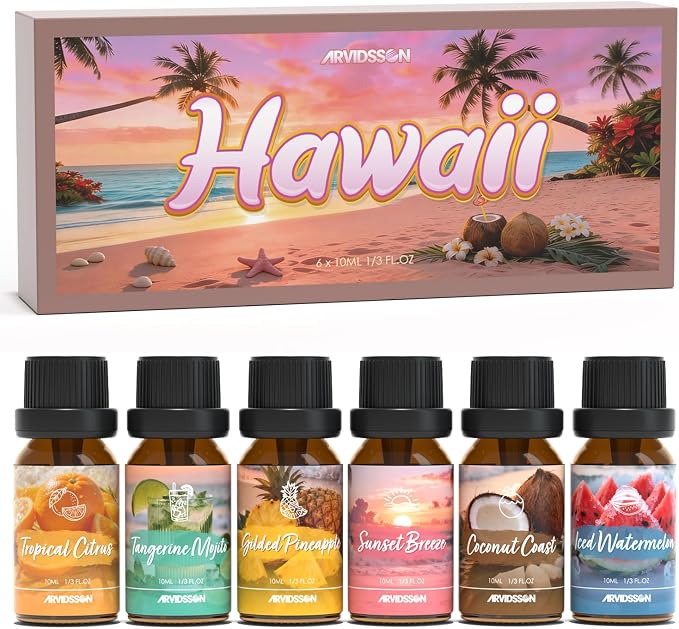 ARVIDSSON Hawaii Fragrance Oil Set, Summer Essential Oils for Diffuser, Tropical Scent Oils - Sunset Breeze, Coconut Coast, Gild Pineapple, Tropical Citrus, Iced Watermelon, Tanderine Mojito