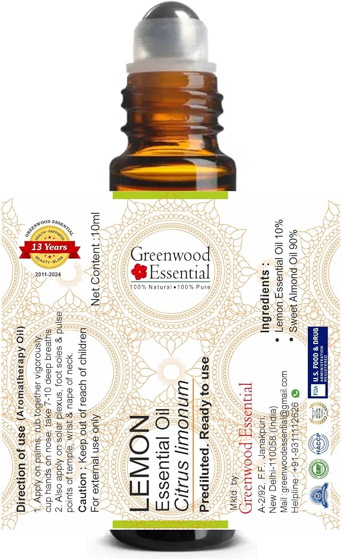 Greenwood Essential Lemon Essential Oil (Citrus limonum) Pre Diluted Ready to Use Roll-on Blend for Aromatherapy and Topical Skin Application for Kids and Adults 10ml (0.33 oz)