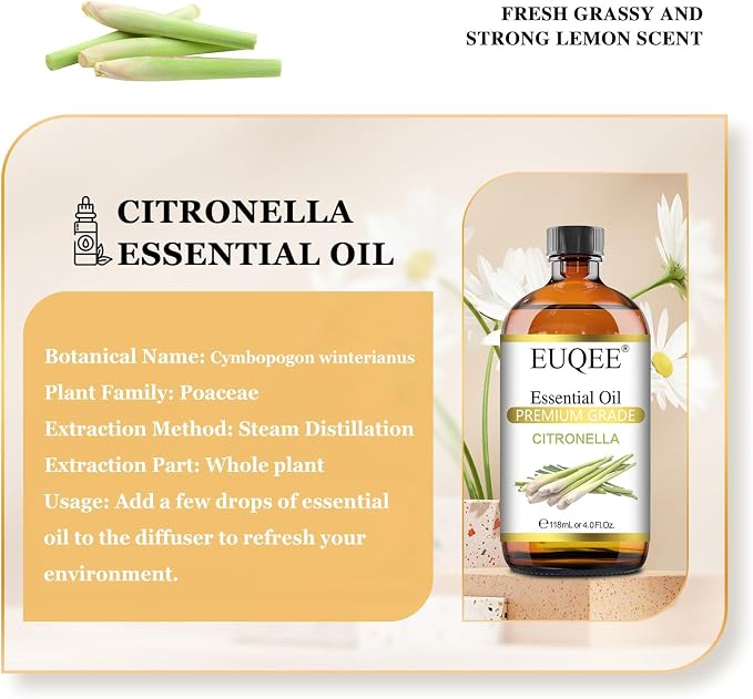 EUQEE Citronella Essential Oil, 118ml Large Gift Box Pure Citronella Oil with Glass Dropper for Candle Making, Diffuser, Humidifier - 4 fl oz.