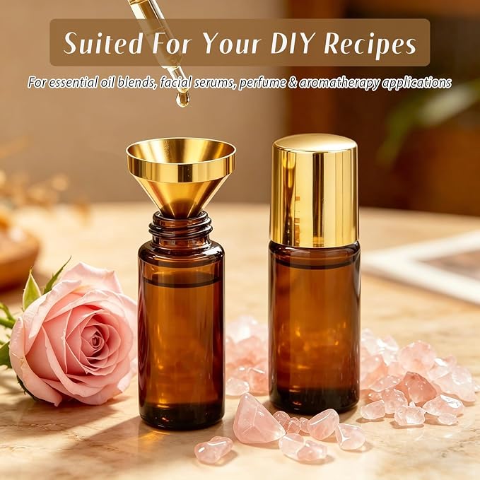 Cocurb 5pcs 1oz Rose Quartz Roller Bottles for Essential Oils Perfume Skincare DIY,Refillable Leak-Proof Amber Glass Roll on Bottle Empty Deodorant Containers with Gold Cap&Storage Bags