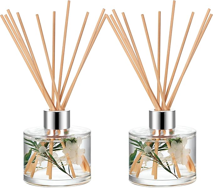 Rtteri 2 Reed Diffuser Sets Flower Oil Diffuser Sticks with Refill Empty 5oz Bottles Scent Glass for Fragrance Home Bathroom Gifts, Oil Not Included(White Color)