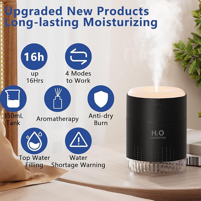 SZO Portable Mini Humidifier, 500ML USB Personal Cool Mist Humidifiers for Bedroom Office Travel Desk, Whisper Quiet 20dB with 2 Mist Modes & Auto Shut-Off, Small Desktop Humidifier（WSQ02 Black）