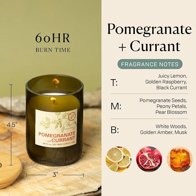 Paddywax Eco Collection Scented Soy Wax Candle in Glass Jar, Pomegranate & Currant Fragrance, Green Vessel with Wood Lid, 8 oz