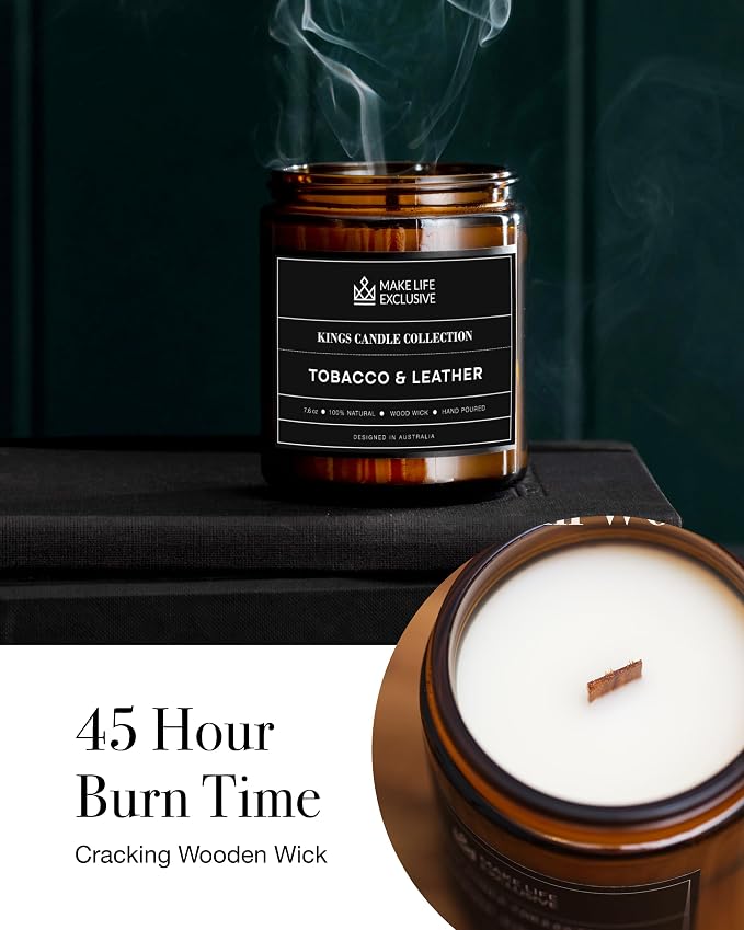 Scented Candles for Men | Tobacco & Leather Scented | Wooden Wick, Long Lasting, Masculine Scents | Natural Soy Jar Candle for Home, Bacehlor Pad Decor | The Perfect Mens Gift