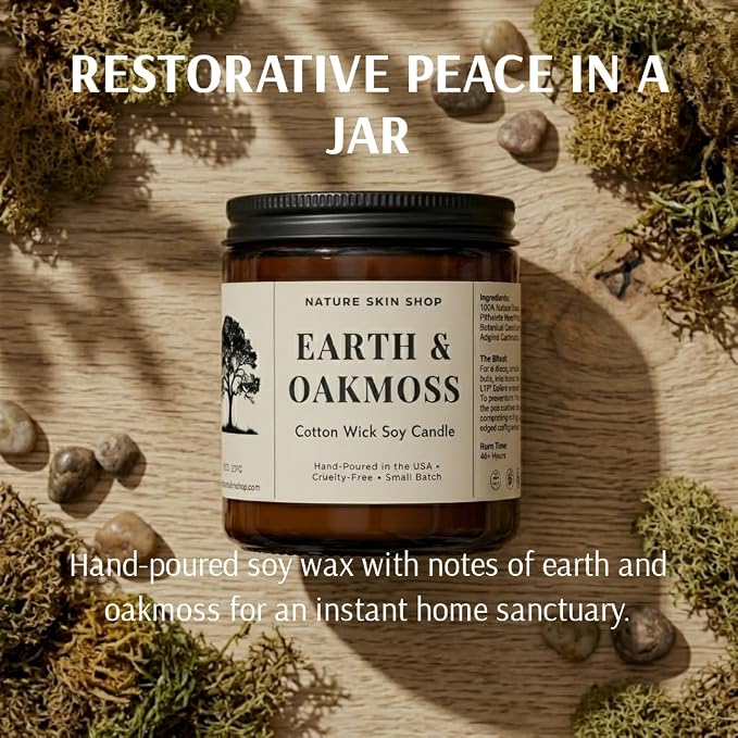 Nature Skin Shop Earth and Oakmoss Artisan Soy Candle Woodsy Aromatherapy Home Fragrance Vegan Cotton Wick 8 oz