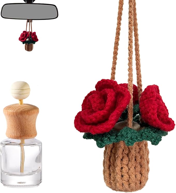 Crochet Car Air Freshener, Empty Refillable Oil Diffuser Bottle with Hanging Crochet Plant for Car Rearview Mirror Decor, Handmade Home and Office Decor (Rose)