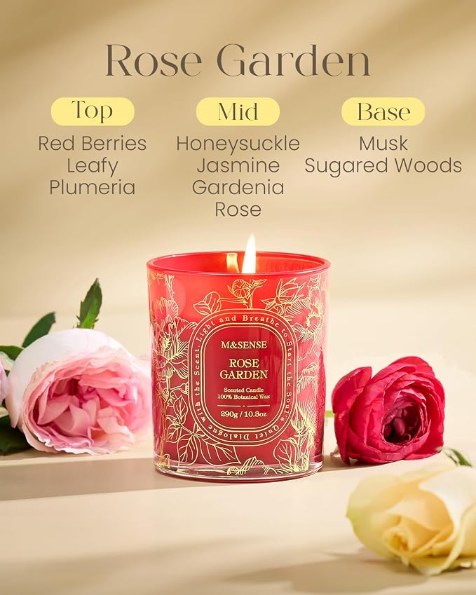 M&SENSE Rose Garden Soy Candle, Romantic Date Night Summer Gift | Fresh Cut Rose Scent, 55H Clean Soy Wax Slow Burning, Air Purifying Rooms, Reusable Vase Jar for Women's Table Centerpiece