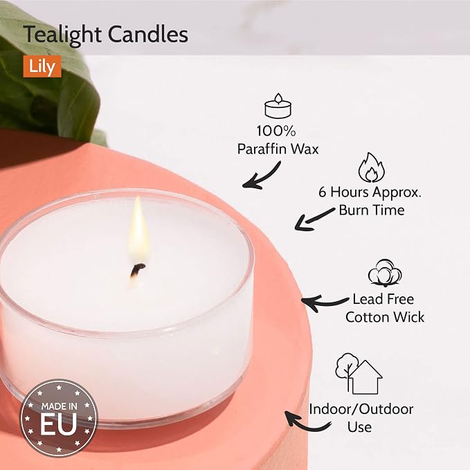 HYOOLA Scented Tealight Candles - Clear Cup - Lily Tealight Candles Scented - 6 Hour Burn Time - 15 Pack - European Made