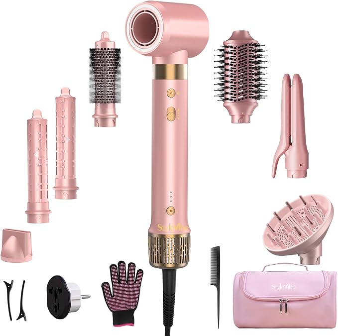 Mythsight StyleVibe Dual Voltage 8-in-1 Air Styler with Diffuser Hair Dryer, Auto Curlers (L/R), Straightener Brush, Travel Adapter & Case for Fast Drying, Frizz-Free Volume & Smooth Blowouts Styles