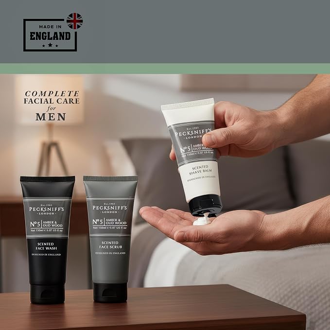 Pecksniff’s Men’s Trio Collection – Amber & Oud Wood – Face Wash, Scrub & Shave Balm Gift Set, 3 x 75ml