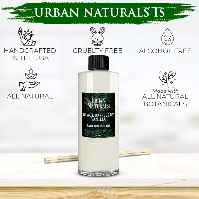 Urban Naturals Reed Diffuser Oil Refill Black Raspberry Vanilla with BlackBerry, Raspberry, Vanilla Orchid, Amber, Sandalwood 8 oz + Free Reed Sticks, Made in the USA