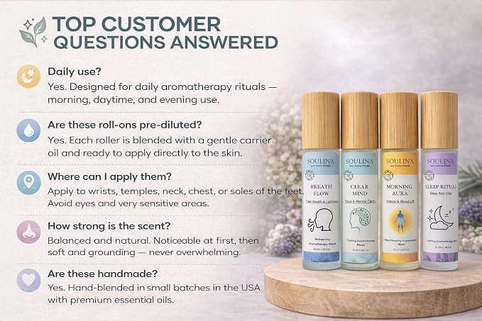 Soulina Set of 4 Essential Oil Roller – Sleep, Energy, Breath & Focus Aromatherapy Roll-On Kit, Natural Blends with MCT Oil, Handmade in USA, 4 x 10 ml