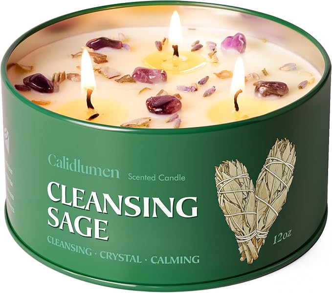 Sage Candle for Cleansing - 3 Wick 12 oz Soy Candle with Crystal and White Sage Crumbles, Organic Sage Candles Cleansing House Negative Energy