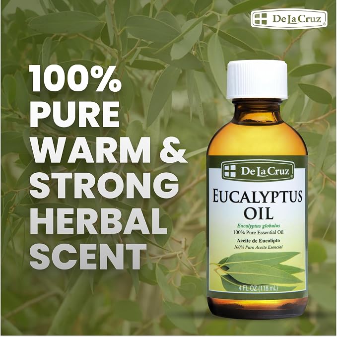 De La Cruz Eucalyptus Essential Oil, 100% Pure Steam Distilled Eucalyptus Globulus, Eucalyptus Oil, Eucalyptus Essential Oil for Diffuser, 4 FL OZ, Aromatherapy, Tree Oil,Long Lasting Scent