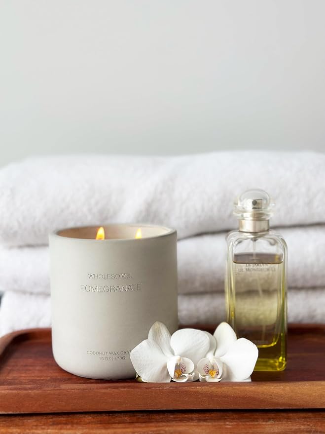 WHOLESOME. Pomegranate Scented Non-Toxic Candles for Home, 2 Wicks Natural Coconut Wax Candle Eco-Friendly, Luxury Aromatherapy Candles Stress Relief, 16 oz Large Concrete Jar, 90 Hours Burn
