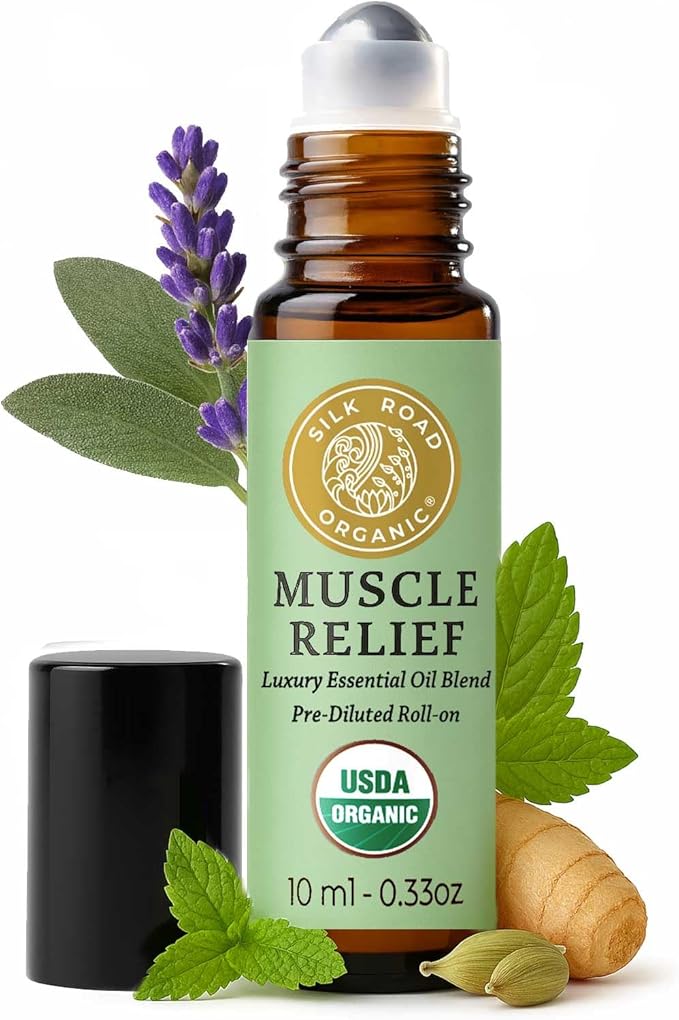 Silk Road Organic Muscle Relief Essential Oil Blend Roll On for Muscle Aches & Stiff Joints | USDA Certified Aromatherapy with Peppermint & Ginger - 10 ml Roller
