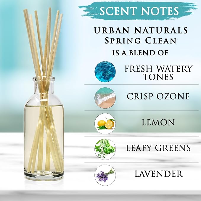 Urban Naturals Spring Clean Reed Diffuser Oil Set | Fresh, Crisp Fragrance of Lemon, Leafy Greens & Lavender | Essential Oil Room Scent Infuser with Reed Sticks | Made in the USA