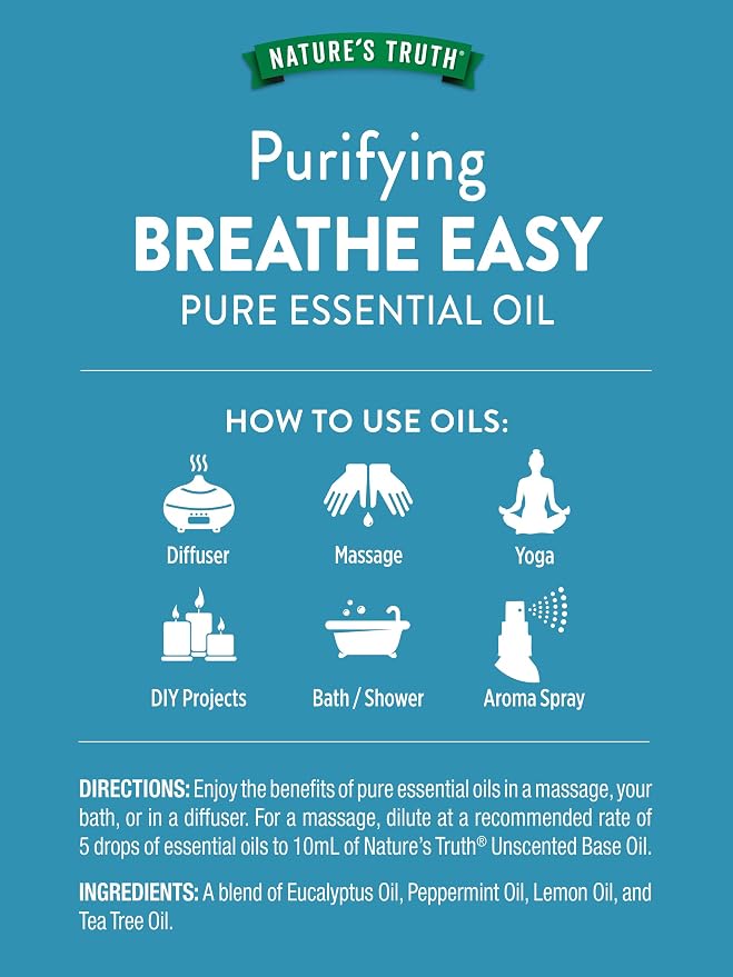Nature's Truth Breathe Easy Essential Oil Blend | 15 mL | with Eucalyptus, Peppermint, Lemon, and Tea Tree Oils | for Aromatherapy | Pure Plant Based, Non-GMO & Gluten Free
