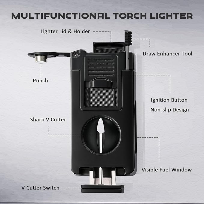 5-in-1 Dual Jet Flame Butane Torch Lighter Built-in V Cutter, Punch, Holder, Draw Enhancer Tool, Windproof Refillable Butane Lighter Gift for Men, Cool Lighters for Candle, Outdoor (No Gas)