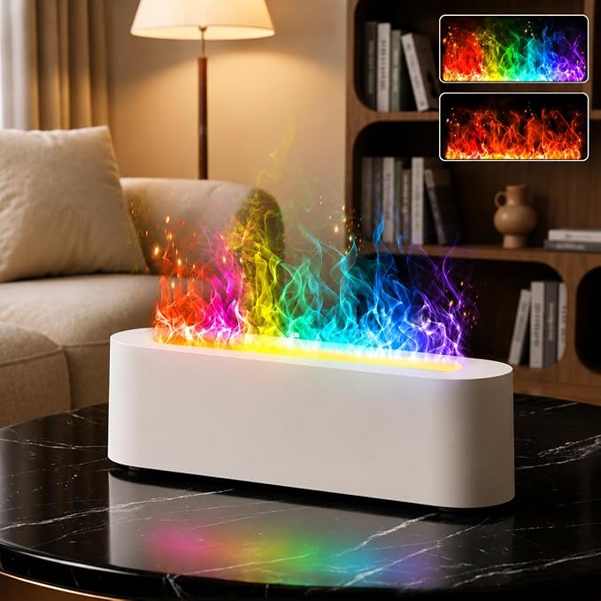 Flame Essential Oil Diffuser, 250ml Aromatherapy Humidifier with Sound-Reactive 7-Color LED Flame, Ultra-Quiet Cool Mist Maker, Remote, Timer, Auto-Off for Home, Bedroom, Office (White)