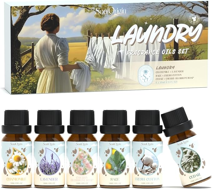 Soulorigin Laundry Fragrance Oils Set, Essential Oil for Diffuser, Aromatherapy Gift, Clean Scent Diffuser Oil, Use with Wool Dryer Balls,Chamomile, Fresh Cotton, Sage, Cedar, Lavender, Cherry Soap