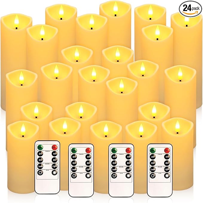 24 Pack Flameless LED Pillar Candles with Remote - Battery Operated Ivory Candles, Waterproof, 3 Sizes for Wedding Centerpieces, Christmas Decor, Home Party, Tabletop Lighting
