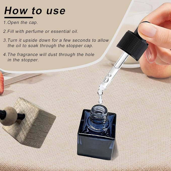 10PCS Hanging Car Air Freshener Bottle, Empty Glass Car Diffuser Cube Bottle Pendant with Wooden Cap, Refillable Essential Oil Bottles Hanging Ornament for Auto Home Office