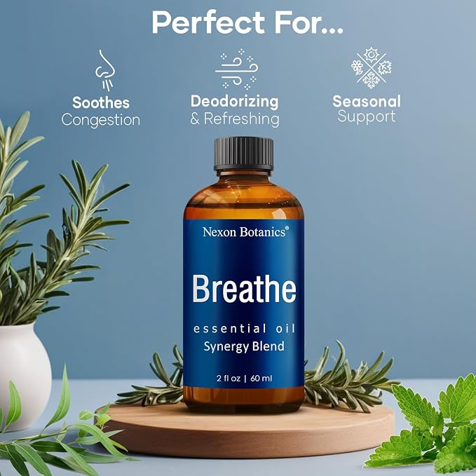 Breathe Essential Oil Blend 60 ml - Breath Sinus Relief with Menthol Oils - for Humidifiers, Diffusers, and Aromatherapy - Nexon Botanics