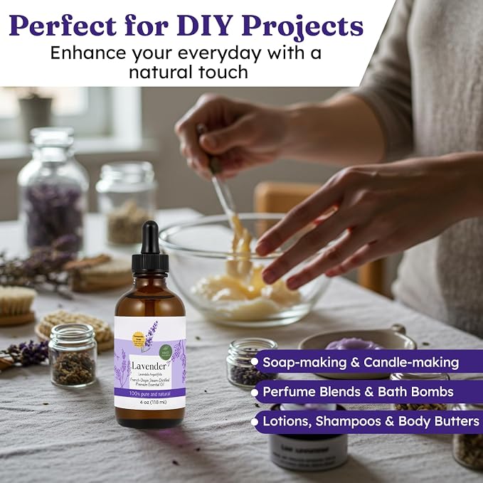 Steam Distilled Lavender Essential Oil - Premium Hair Growth Oil for Scalp Stimulation & Refreshing Aroma - Essential Oil Supports Healthy Hair, Skin & Mental Clarity - 4oz