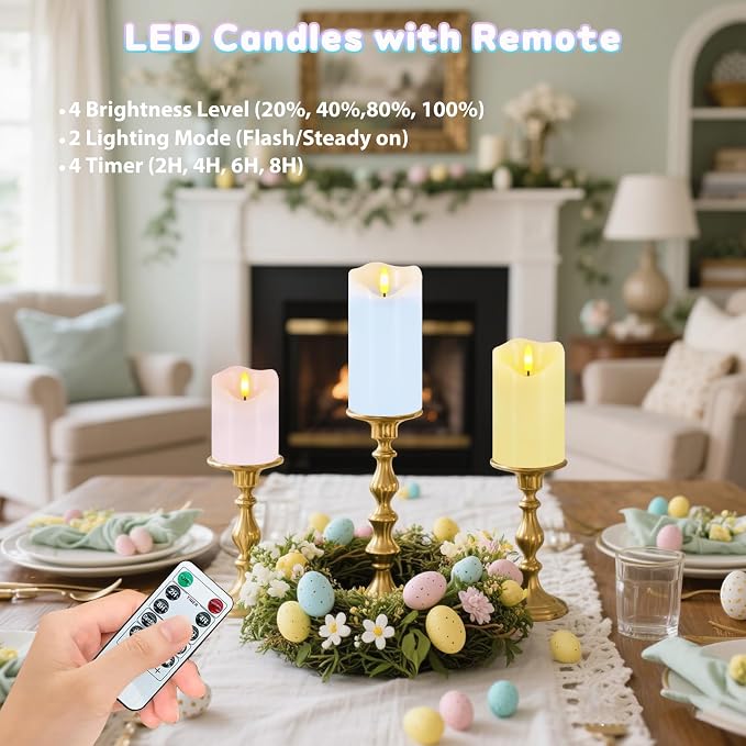 Flameless Candles Light, Set of 3 Pastel Spring LED Candles with Remote & Timer, Flickering Easter Pillar Candles Battery Operated, Real Wax Electric Candles for Home Spring Easter Decor (3 Colors)