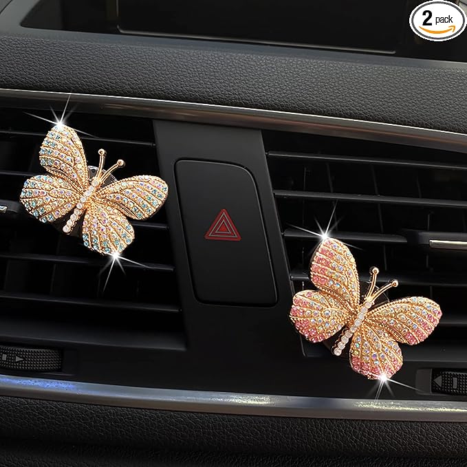 Bling Butterfly Car Air Vent Clip, Cute Rhinestone Air Freshener Clip, Glam SUV Outlet Vent Decorations, Charm Car Inter Decor Accessories for Girls Women (Pink + Blue)
