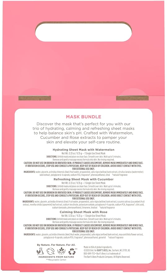 Burt's Bees Mothers Day Gifts, Face Mask Bundle Set, Hydrating Watermelon, Calming Rose, & Refreshing Cucumber, Face Sheet Masks for Single Use Skin Care, 99% Natural Origin, 3 Count, 0.33oz Each