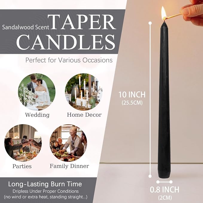 Candlesticks Long Taper Candle,Sandalwood Scented 10 Inches Black Candle Sticks Smokeless Tapered Candles for Home Décor Holiday Gifts