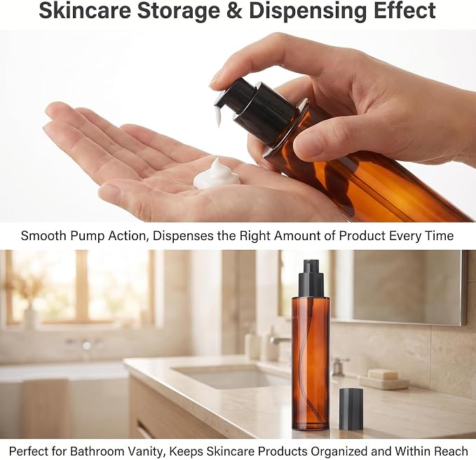 2 PCS 80/2.7oz Amber Glass Travel Bottles with Black Pump, Leakproof Lotion Dispenser for Essential Oil, Cream, Shampoo, Body Wash & Travel Toiletries