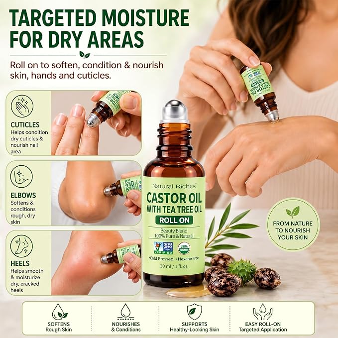 Natural Riches Castor Oil with Tea Tree Oil – Glass Roll-On Bottle for Hair Growth, Eyelashes & Eyebrows – Cold Pressed, 100% Pure, Scalp Care for Dry, Itchy Scalp – Travel Size Roller 1 fl oz.