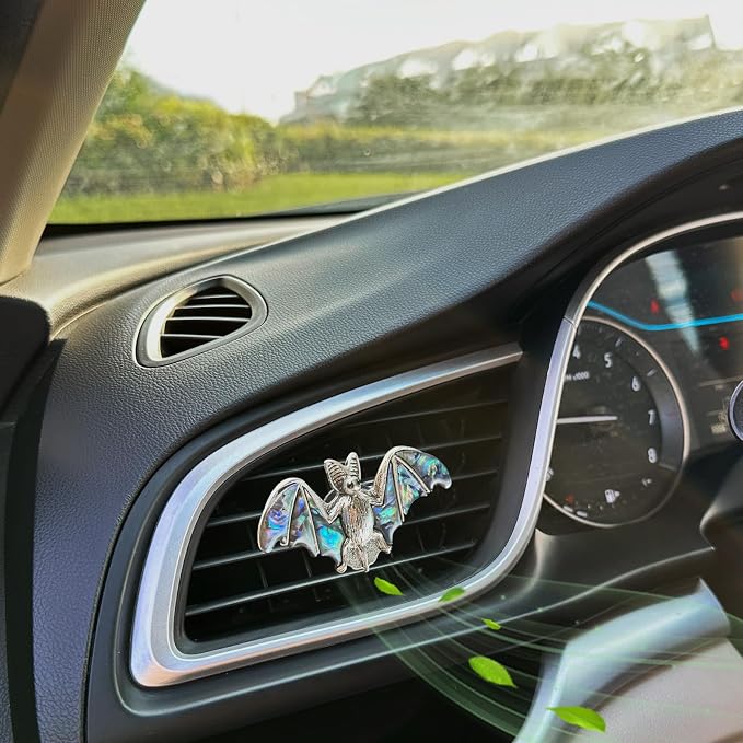 ORIESSE Bat Air Vent Clip Car Air Freshener Outlet Clips Natural Abalone Shell Seashell Color Vampire Bat Car Accessories Gothic Car Decor Refillable Car Diffuser Clips (Big Bat)