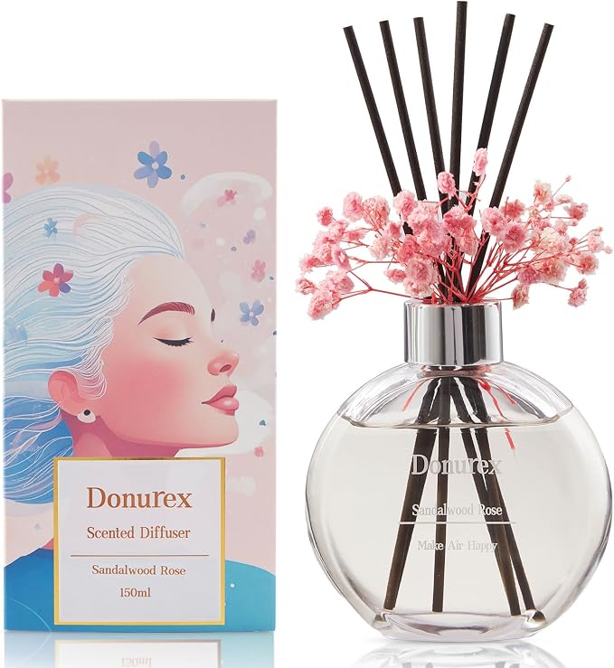 Flower Reed Diffuser Set 5.07oz Sandalwood Rose Scent Diffuser with Sticks Home Fragrance Reed Diffuser for Bathroom Shelf Decor
