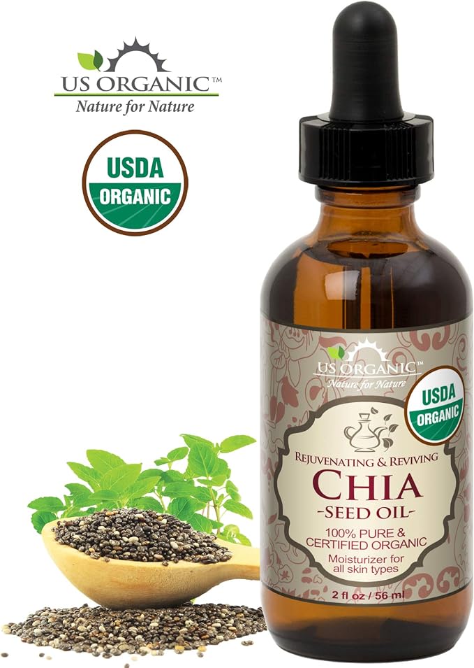 US Organic Chia Seed Oil, Certified Organic, Pure & Natural, Cold Pressed Virgin, Unrefined, Sourced from Paraguay, in Amber Glass Bottle w/Glass Eyedropper for Easy Application (2 oz (56 ml))