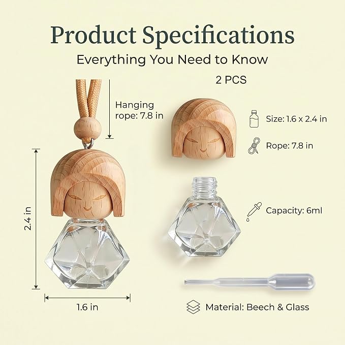 Car Air Freshener 2 Pack, Refillable Empty Glass Bottle Hanging Diffuser for Essential Oils, Car Fresheners DIY Scent, Car Accessories for Women & Men, Cute Aromatherapy Pendant Decor-A5
