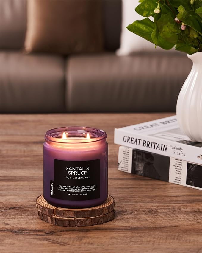 M&SENSE Santal Spruce Scented Candle, 11.6oz 70 Hours Burn Non Toxic Natural Soy Wax, 2 Cotton Wick Candle for Winter Holiday Housewarming Gifts for Family Friends Teachers