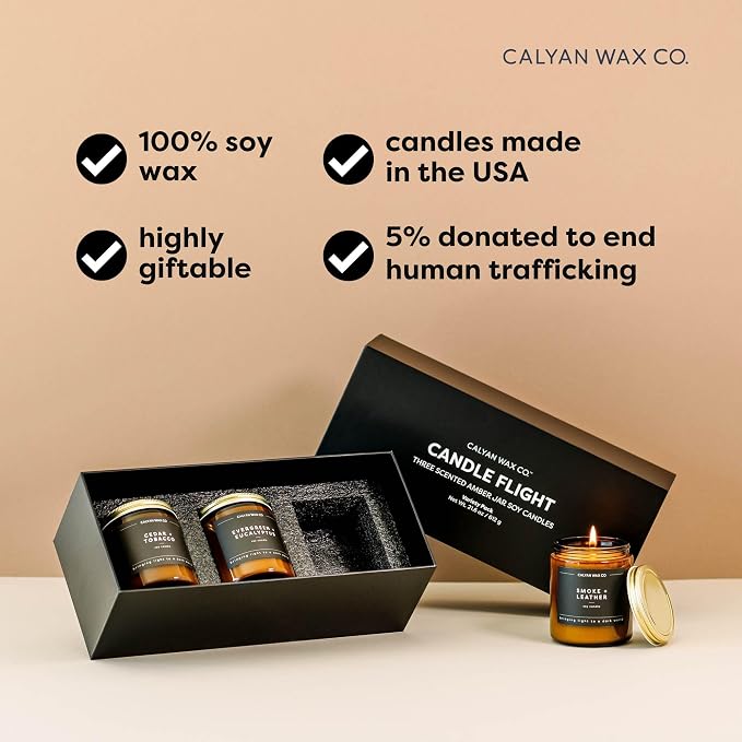 Calyan Wax Co. Masculine Scented Candle Gift Set - 3 Scented Candles - 57 Hour Burn - Luxury Clean Soy Wax Candles - Long Lasting Amber Glass Jar Candle for Home - 7.2oz
