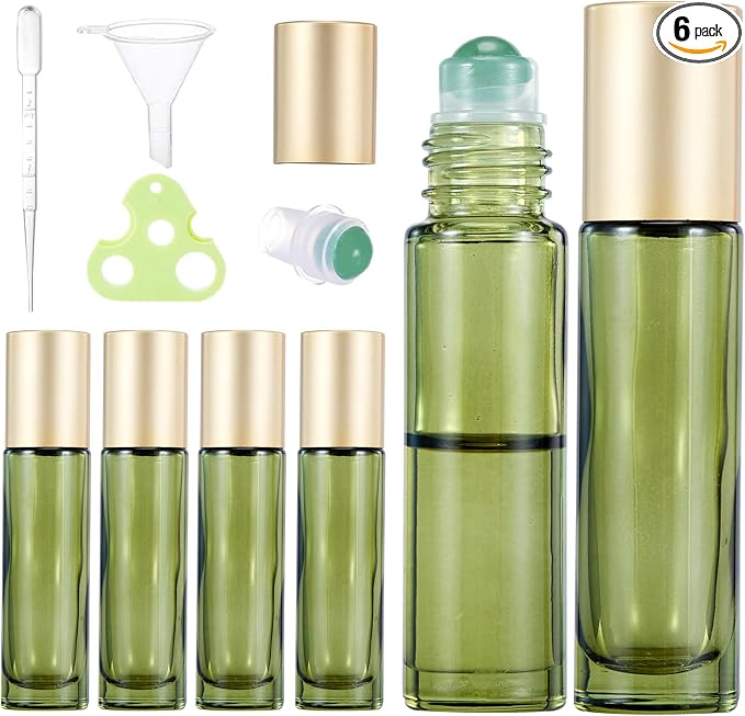 Qeuly 6 Pack Green Aventurine Quartz Roller Bottles for Essential Oils, 10ml Amber Glass Roll on Bottles with Natural Crystal Balls, Leak-Proof Travel Size Perfume Roller Bottle (Olive green)